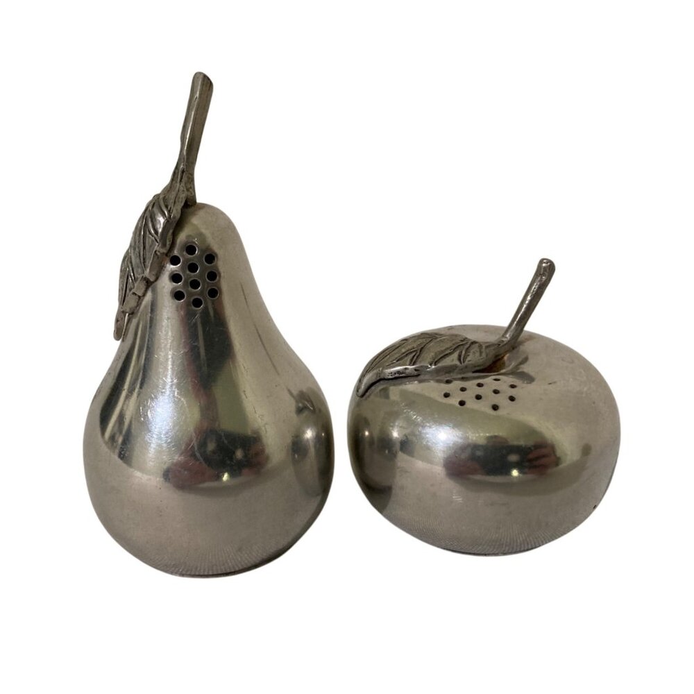 Vintage MCM Kirk Stieff Pewter Pear And Apple Salt and Pepper Set